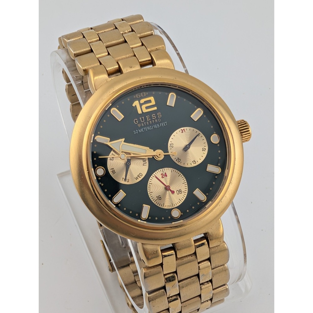 Vintage 1997 Guess Waterpro Men's Chronograph Watch Green Dial 8"‎ Band- Working
